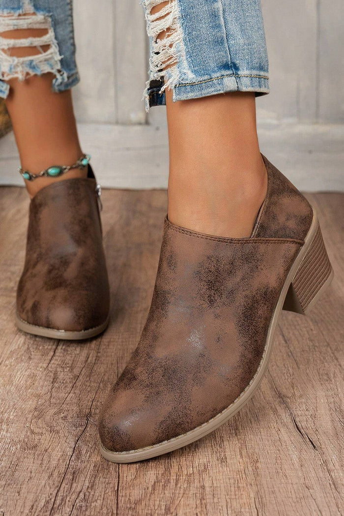 Distressed Suede-Look Side Zip Ankle Bootie