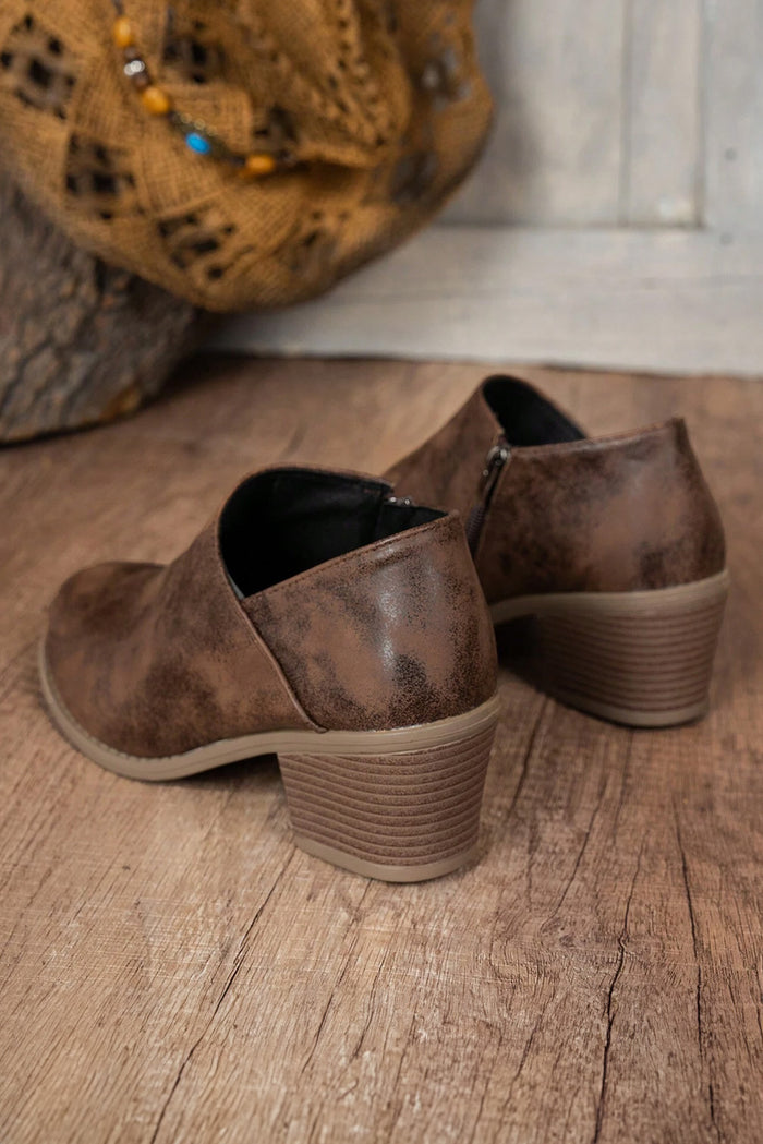 Distressed Suede-Look Side Zip Ankle Bootie