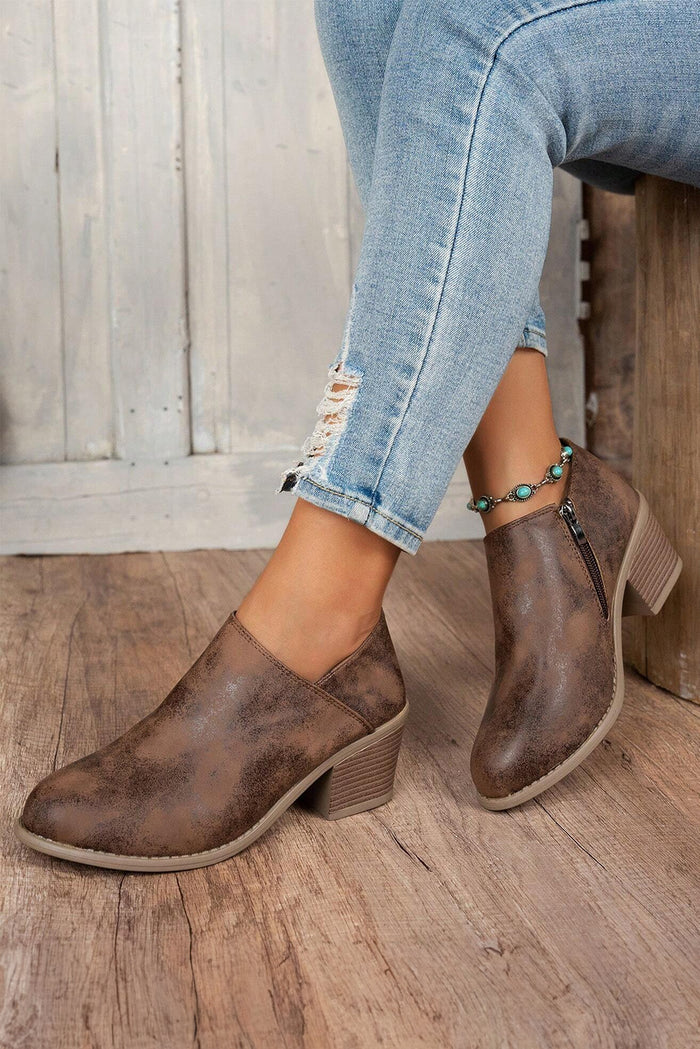 Distressed Suede-Look Side Zip Ankle Bootie