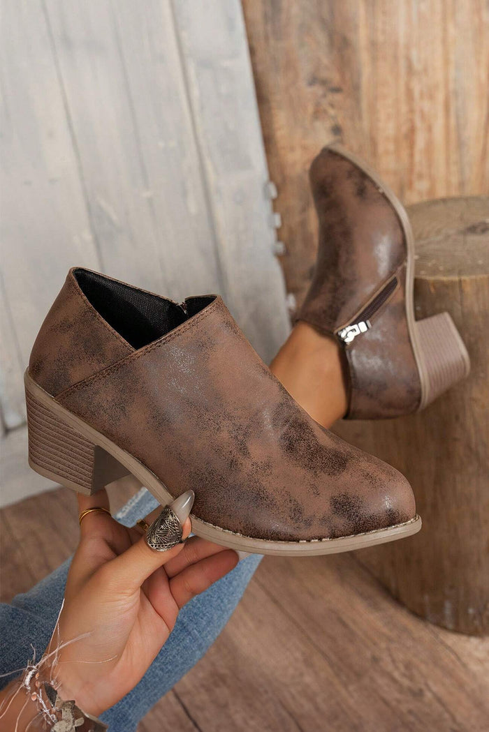 Distressed Suede-Look Side Zip Ankle Bootie