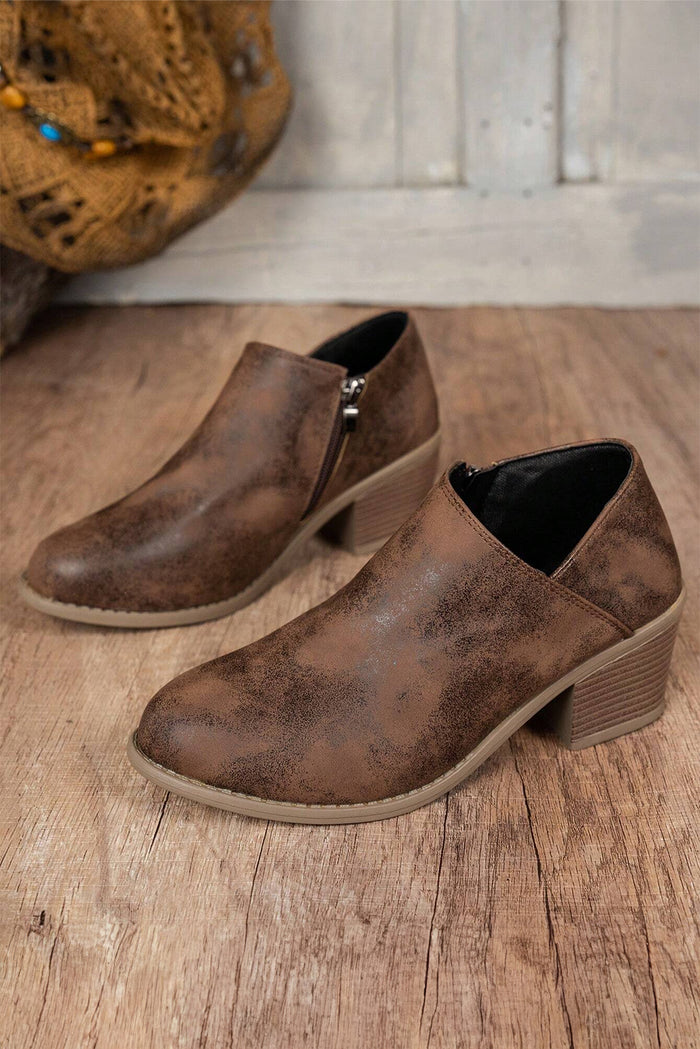 Distressed Suede-Look Side Zip Ankle Bootie