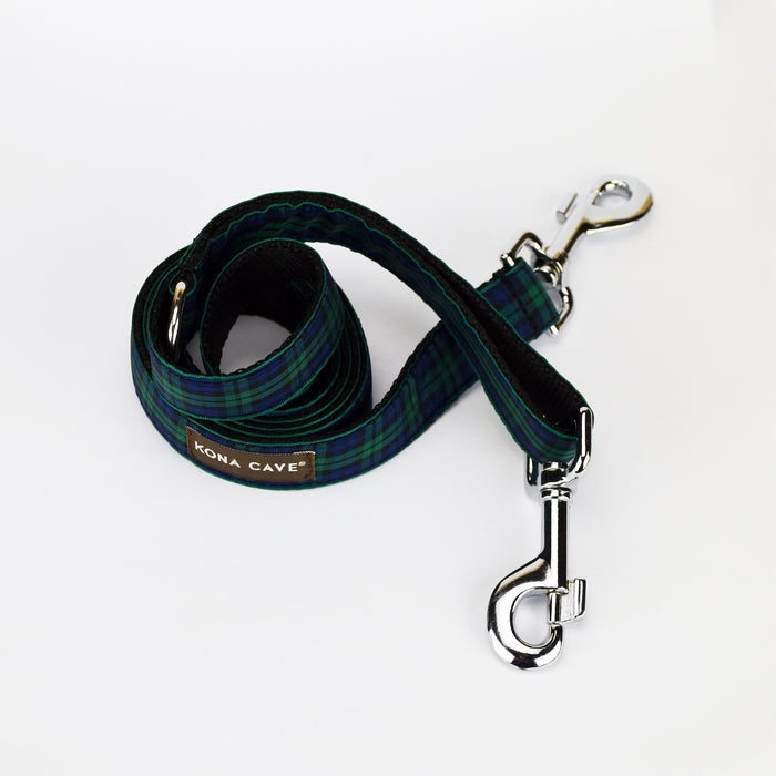 KONA CAVE® Ribbon collar and leash in Blackwatch with 2 clips and D rings.  Adjustable dog leash lead.