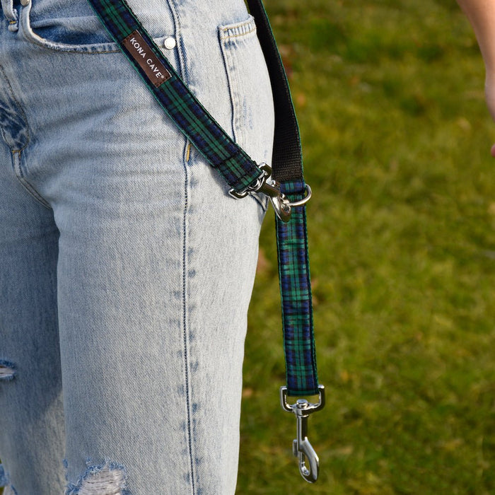 KONA CAVE® Blackwatch Tartan Leash with Sliding Hook Worn Cross Body. Adjustable nylon dog leash with  authentic Blackwatch tartan ribbon.