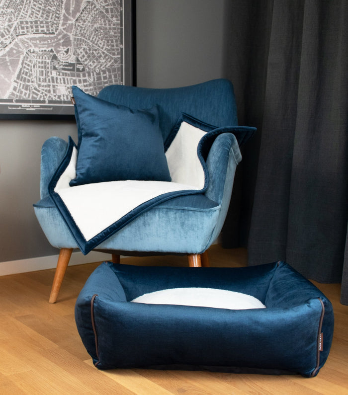 KONA CAVE® luxury pet brand. Blue Velvet washable dog bed with blue velvet chair and blue velvet pet blanket and pet pillow.