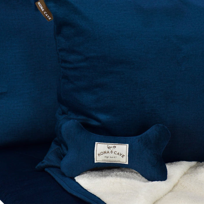 KONA CAVE® Doggy Décor Sets – Luxury home accessories for dogs and cats. Blue velvet blanket, pillow covers and plush doggy toy bone