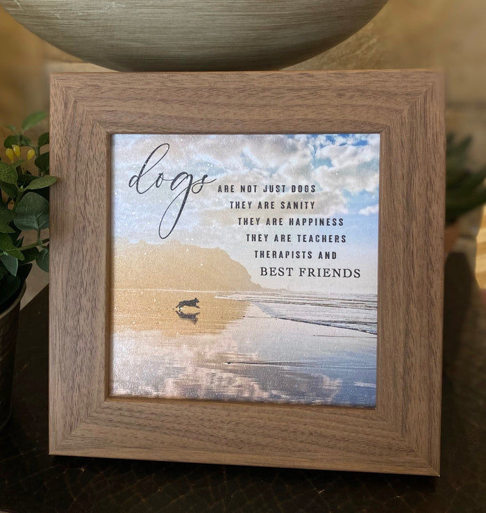 Dogs Are Sanity Happiness Teachers Best Friends Art Sign Wood Framed Shimmering Picture 8”x8”