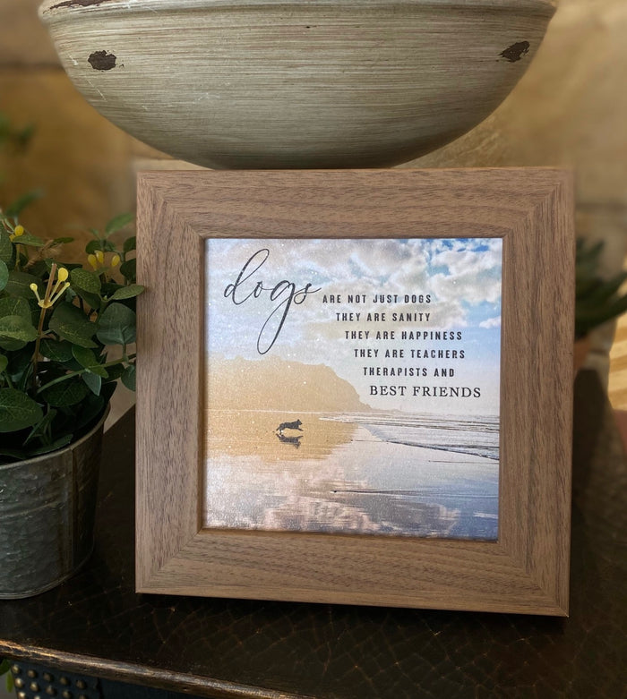Dogs Are Sanity Happiness Teachers Best Friends Art Sign Wood Framed Shimmering Picture 8”x8”