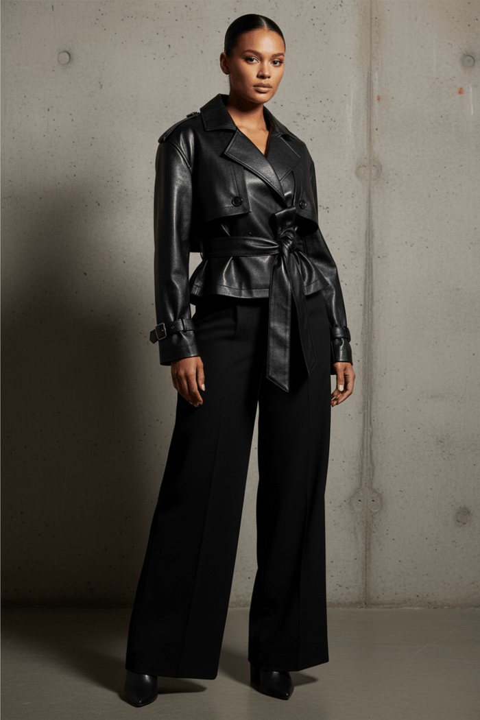 Double-Breasted Belted Faux Leather Jacket - The PM Edit