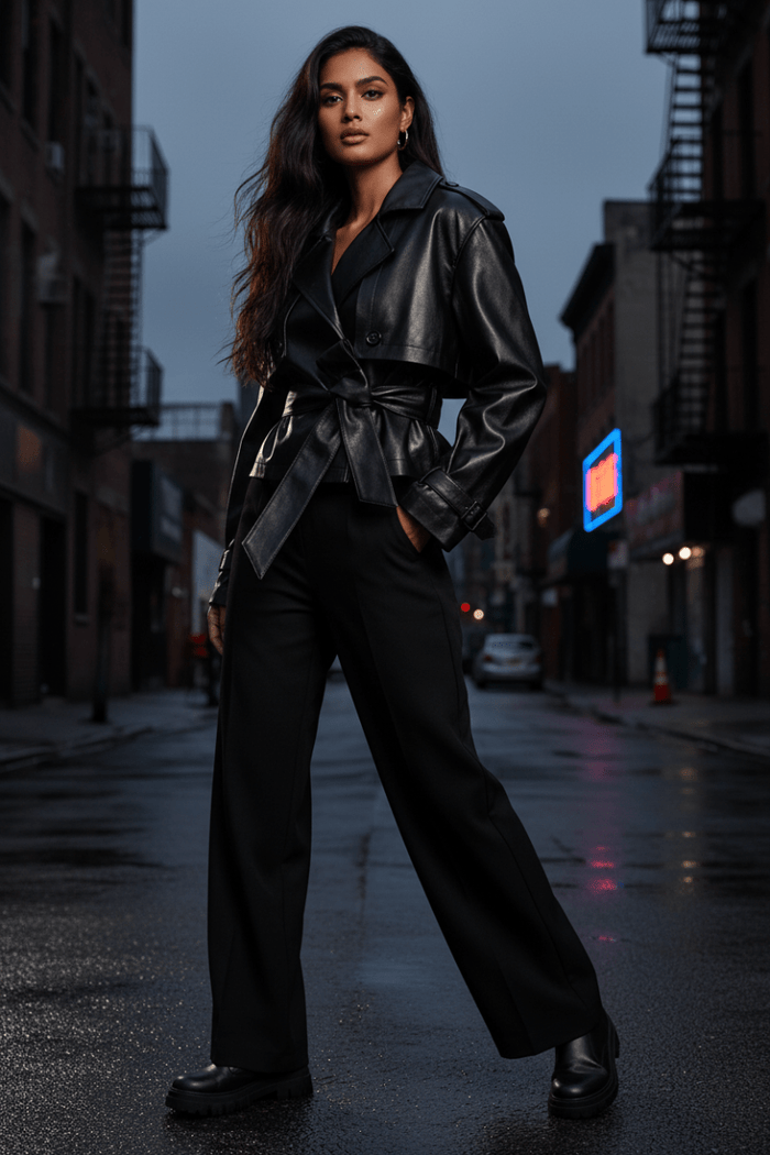 Double-Breasted Belted Faux Leather Jacket - The PM Edit