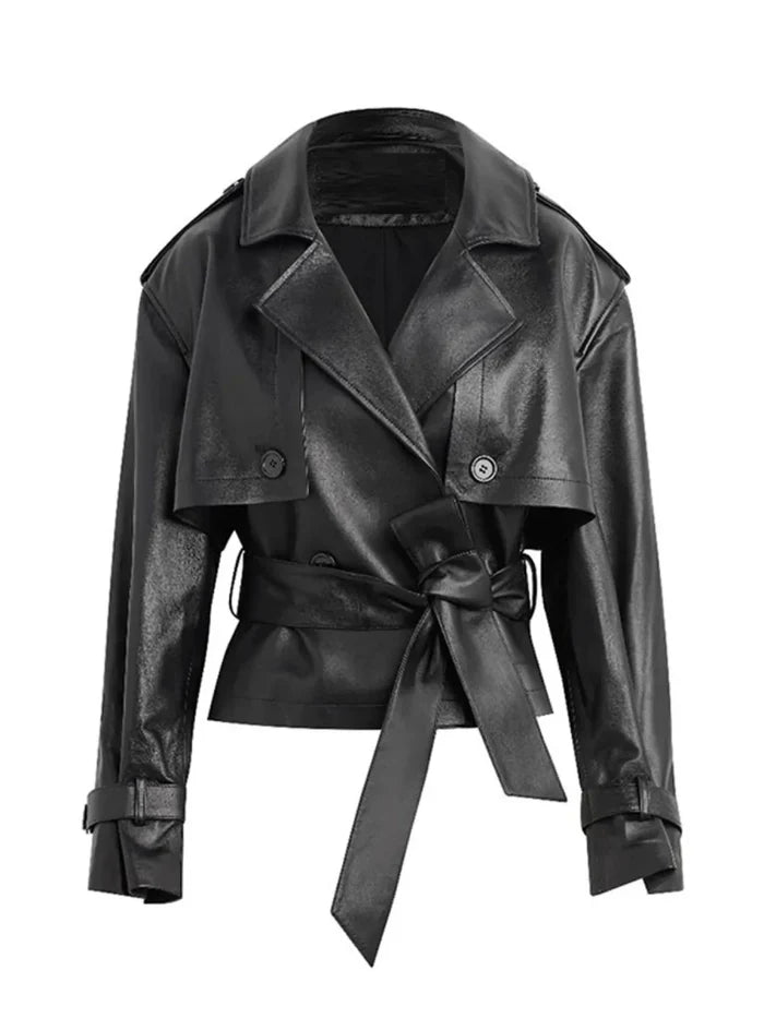 Double-Breasted Belted Faux Leather Jacket - The PM Edit