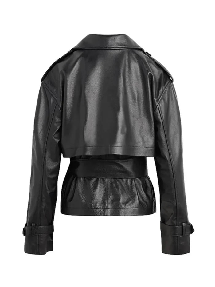 Double-Breasted Belted Faux Leather Jacket - The PM Edit