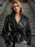 Double-Breasted Belted Faux Leather Jacket - The PM Edit