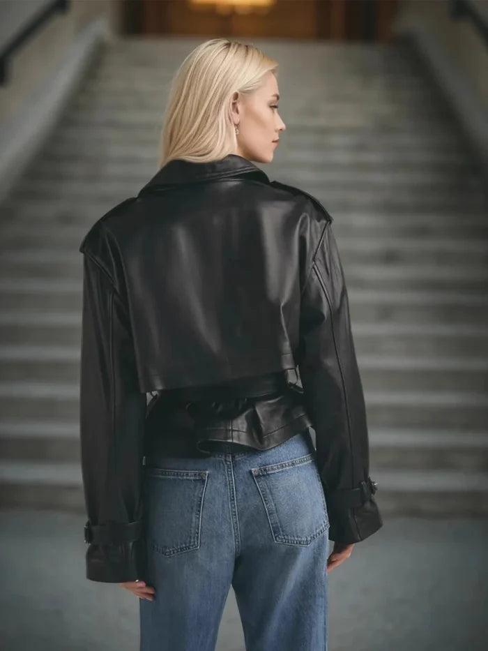 Double-Breasted Belted Faux Leather Jacket - The PM Edit