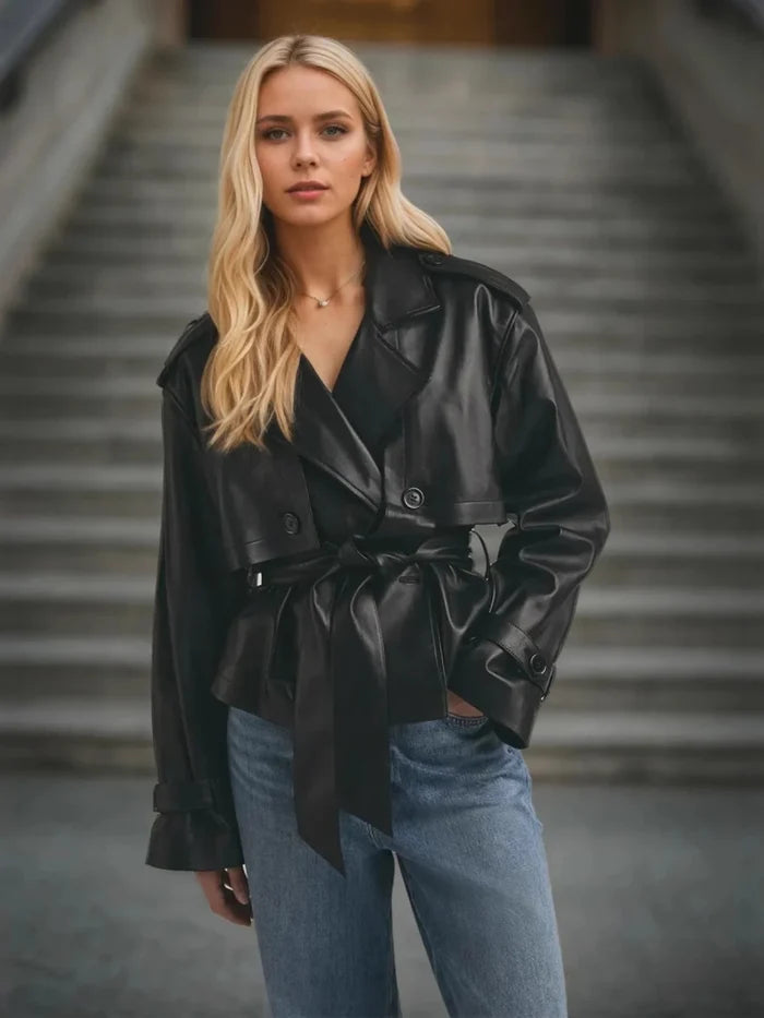 Double-Breasted Belted Faux Leather Jacket - The PM Edit