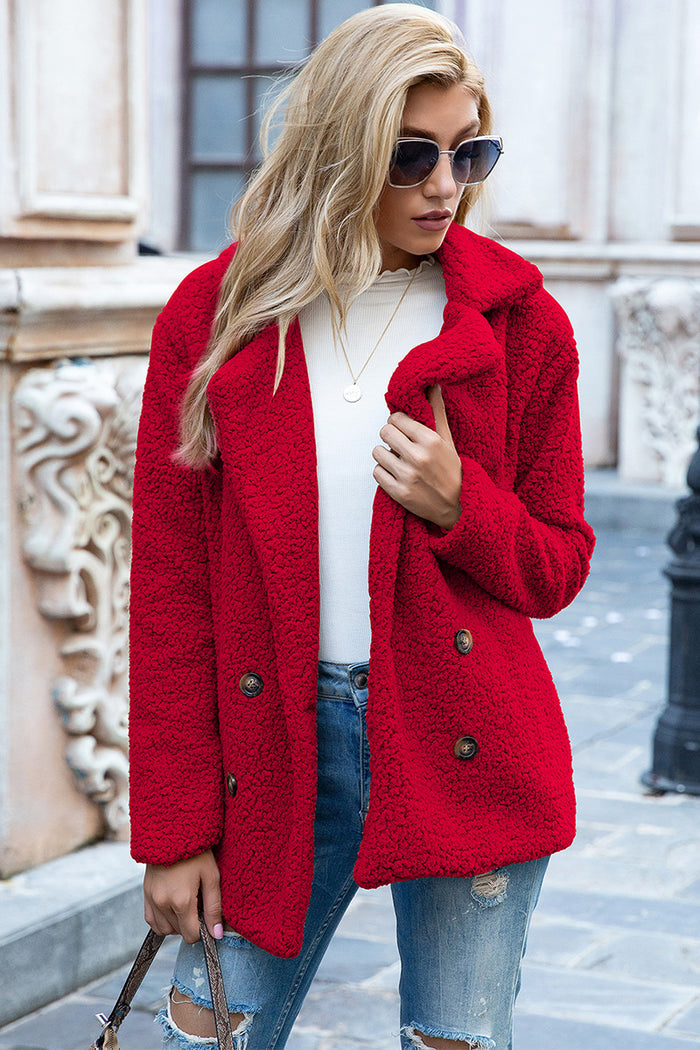 Double-Breasted Lapel Collar Teddy Sherpa Coat