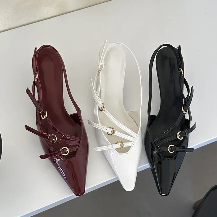 Double Buckle Strap Patent Kitten Heel Slingbacks | Pointed-Toe Pumps