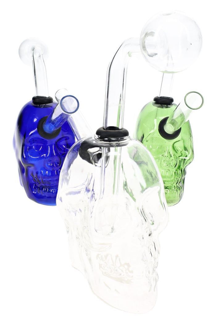 Assorted colored glass double-sided skull oil burner rigs with compact 3.5 inch sculpted bodies