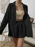 Dropped Shoulder Button-Up Top & Elastic Waist Shorts Set