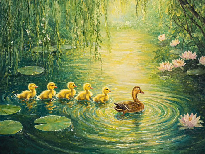 Ducklings on a Spring Pond