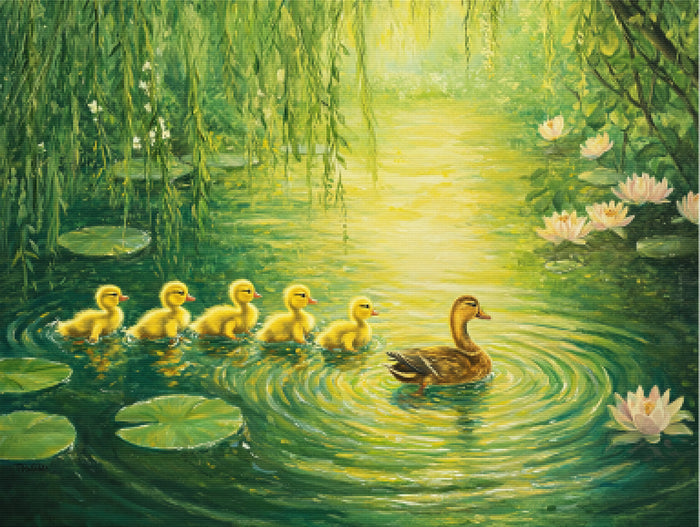 Ducklings on a Spring Pond
