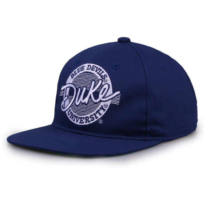 Duke Retro Circle snapback hat in royal blue, angled view