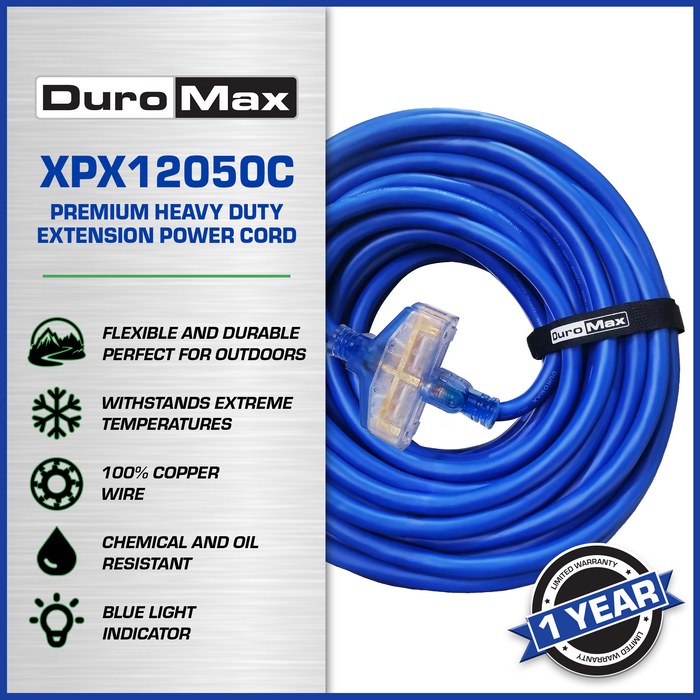 DuroMax  DuroMax XPX12050C Heavy Duty SJEOOW 50-Foot 12 Gauge Blue Triple Tap Extension Power Cord