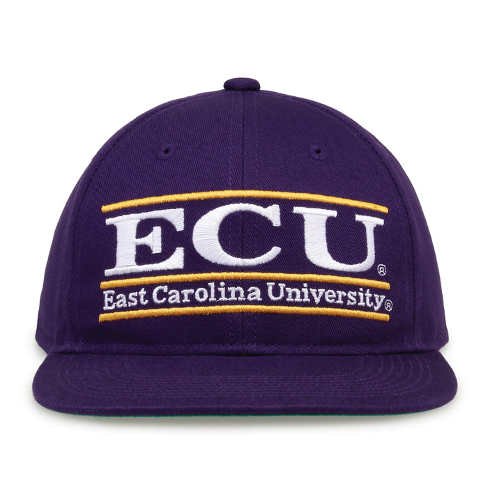 East Carolina Retro Bar snapback hat in purple, front view