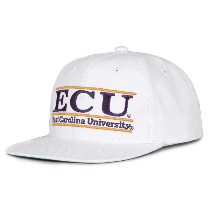 East Carolina Retro Bar snapback hat in white, angled view