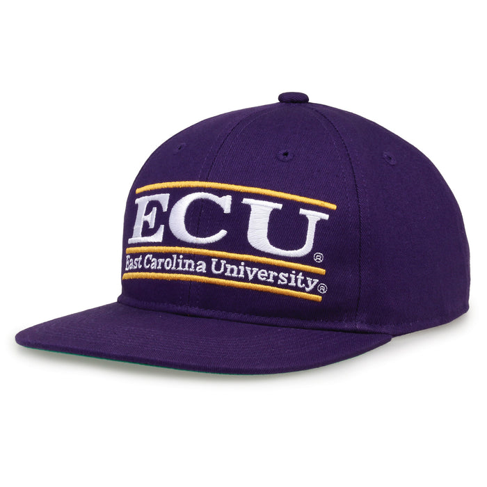 East Carolina Retro Bar snapback hat in purple, angled view