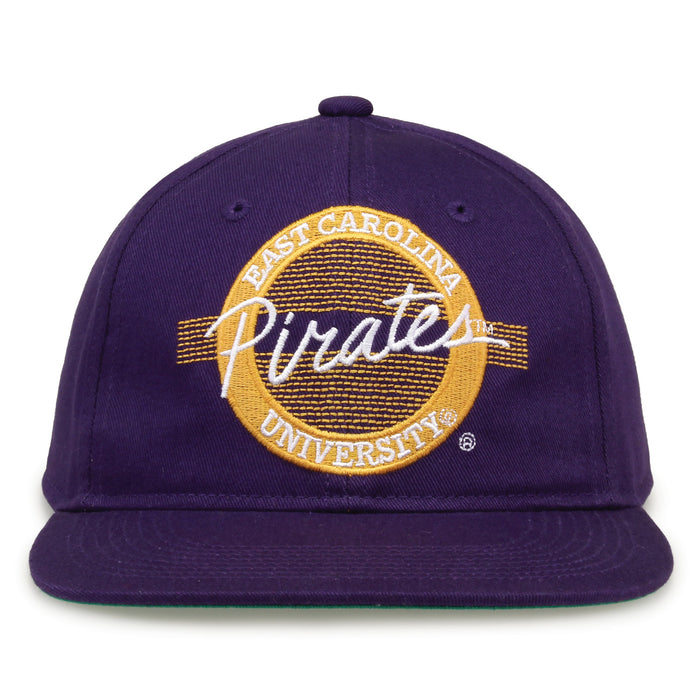 East Carolina Retro Circle snapback hat in purple, front view