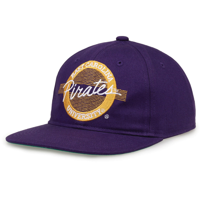 East Carolina Retro Circle snapback hat in purple, angled view