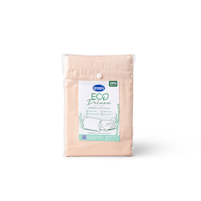 Packaging of the Eco Deluxe Bed Linens 2 Piece Pillowcase Set in peach and cream