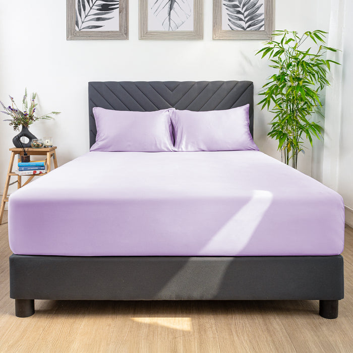 Eco Deluxe Bed Linens 3 Piece Fitted Sheet Set in purple, shown in a room setting