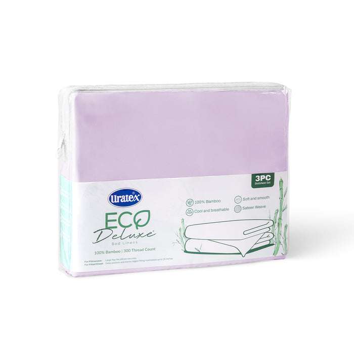 Packaging of the Eco Deluxe Bed Linens 3 Piece Fitted Sheet Set in purple