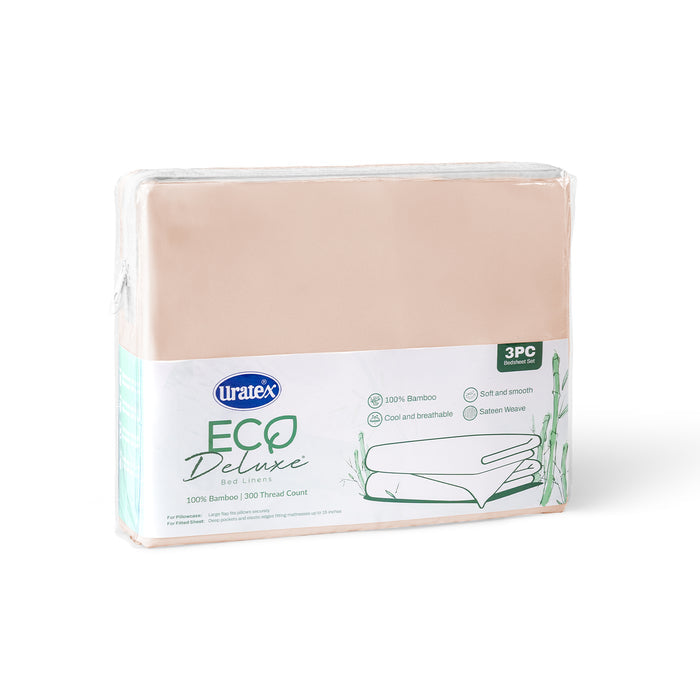 Packaging of the Eco Deluxe Bed Linens 3 Piece Fitted Sheet Set in peach and cream