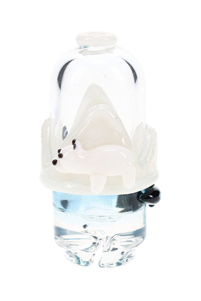 Avenge the Arctic Puffco Pivot glass mouthpiece with icy blue sculpted wildlife detail