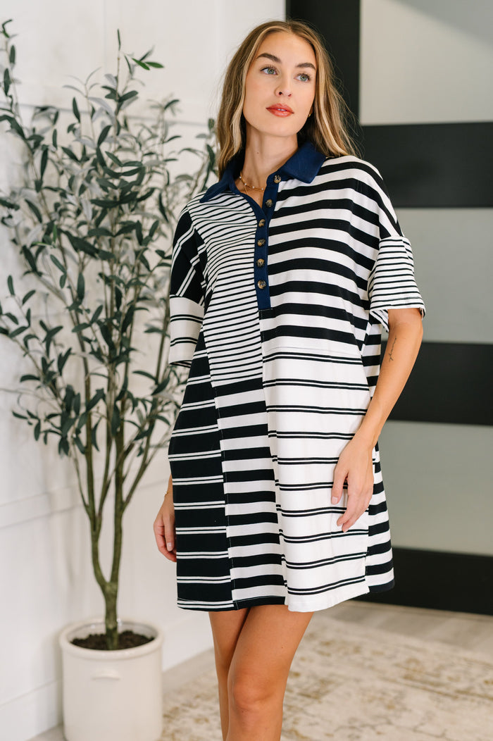 Everlasting Love Striped Collared Dress in Black and Navy