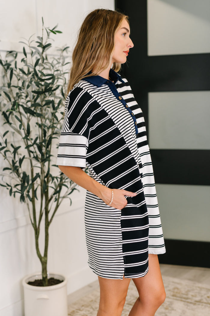 Everlasting Love Striped Collared Dress in Black and Navy