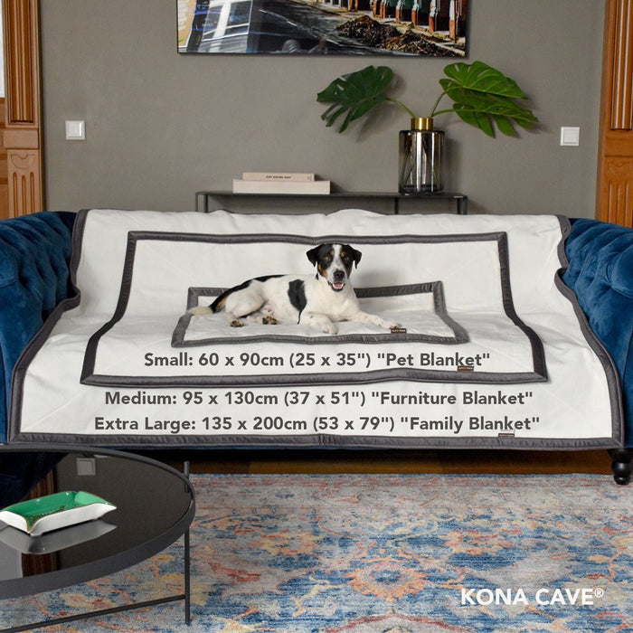 KONA CAVE® lined luxury weighted pet and people blanket in velvet. S, M., L with smiling dog laying on blanket