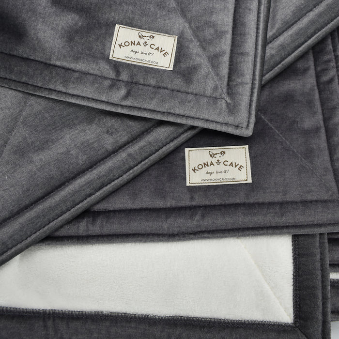 KONA CAVE® Graphite Grey Velvet Furniture Blanket with Sherpa Fleece Lining. Available in 3 sizes. Pet, Furniture and XL family blanket. Super high-quality. Makes an amazing luxury gift.