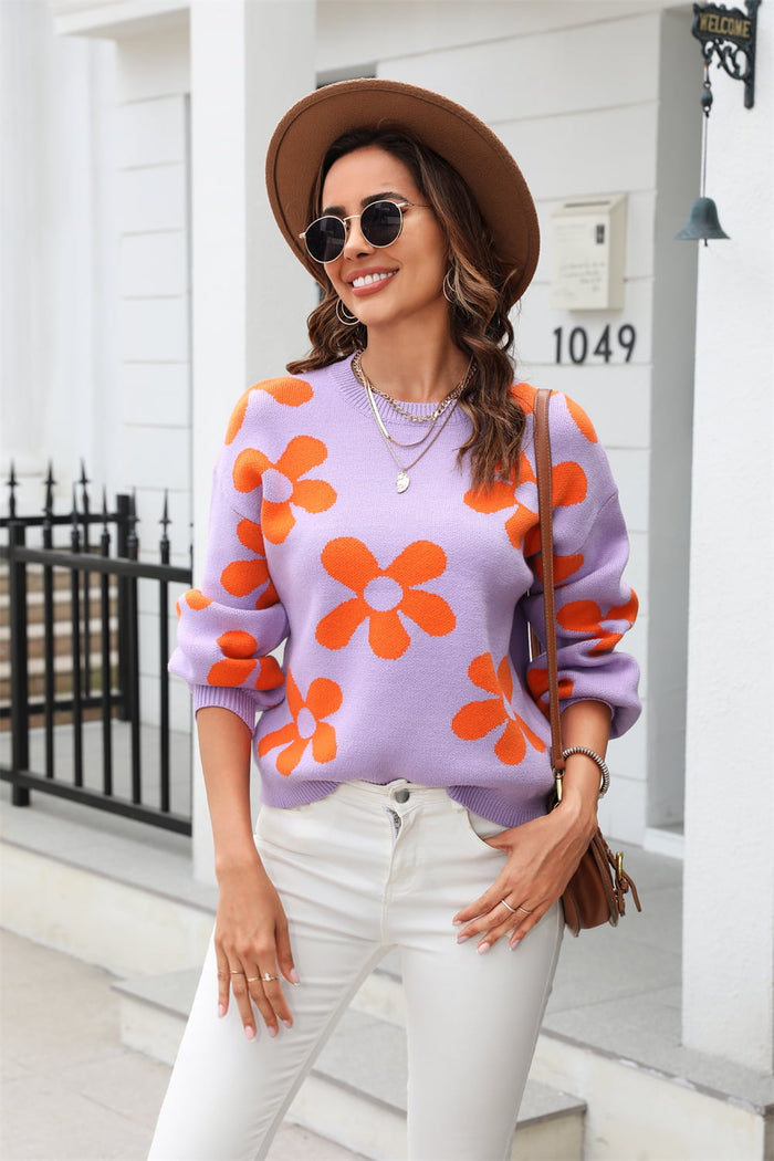 Floral Print Drop Shoulder Pullover Sweater