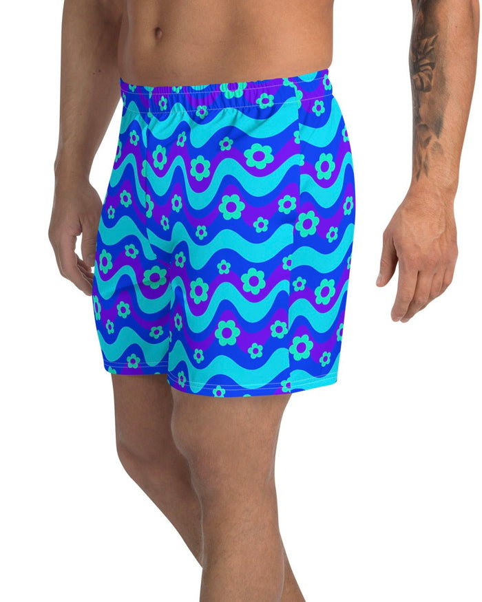 Flower Power Blue Recycled Athletic Shorts, Athletic Shorts, - One Stop Rave
