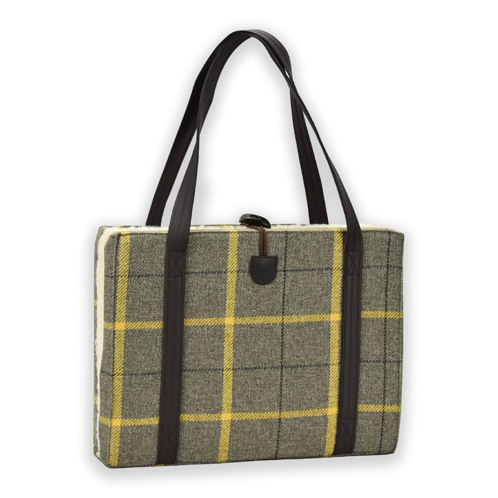 Back of the KONA CAVE® Travel Dog Bed in designer Country Plaid with removable, machine washable cover. Folded dog bed.