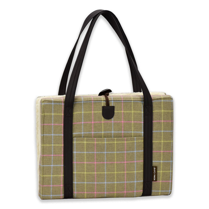 KONA CAVE® Folded Travel Dog Bed for restaurants, cars, etc.  Pink, blue and yellow checked fabric on a tan background. Straps to carry your dog's bed with you.