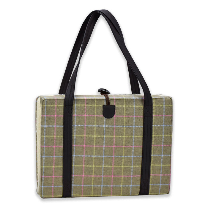 KONA CAVE® Restaurant Dog Bed in pretty pink pastel plaid with generous shoulder straps. KONA CAVE® portable dog mat with handles is easy to carry.