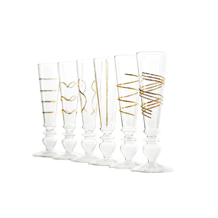 Footed Razzle Dazzle Champagne Flutes with Gold Accents, Set of 6 - Lacasademartha