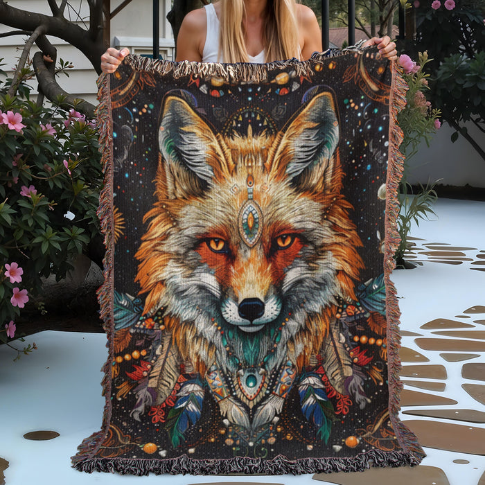 Fox and Vibrant Feathers Woven Blanket