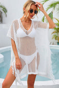 Fringe Trim Openwork Short Sleeve Cover-Up