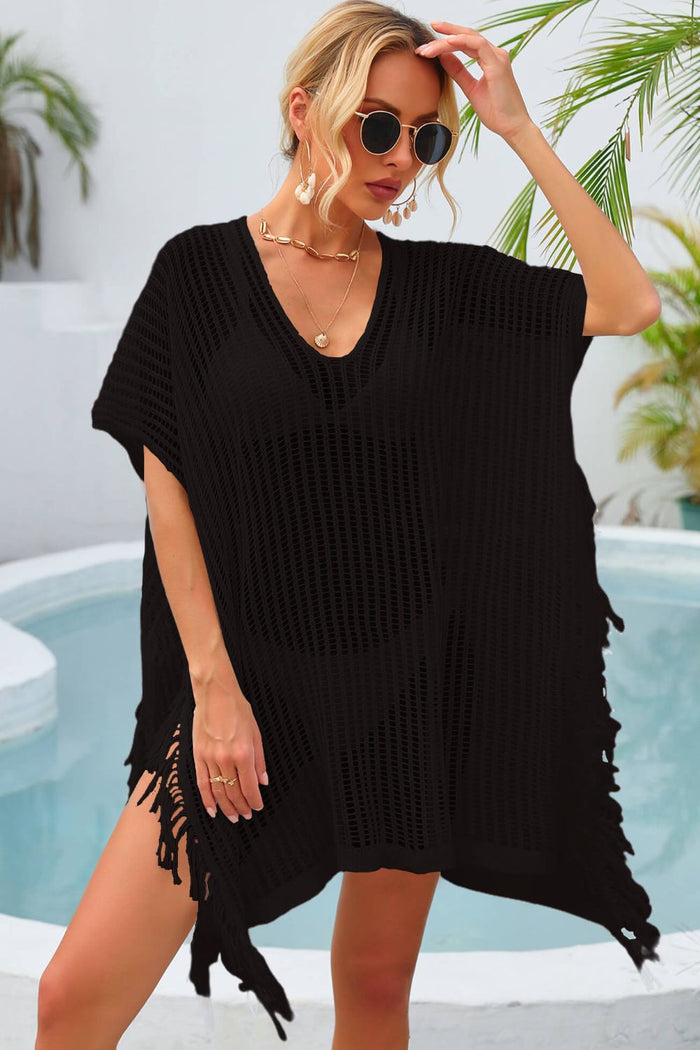 Fringe Trim Openwork Short Sleeve Cover-Up