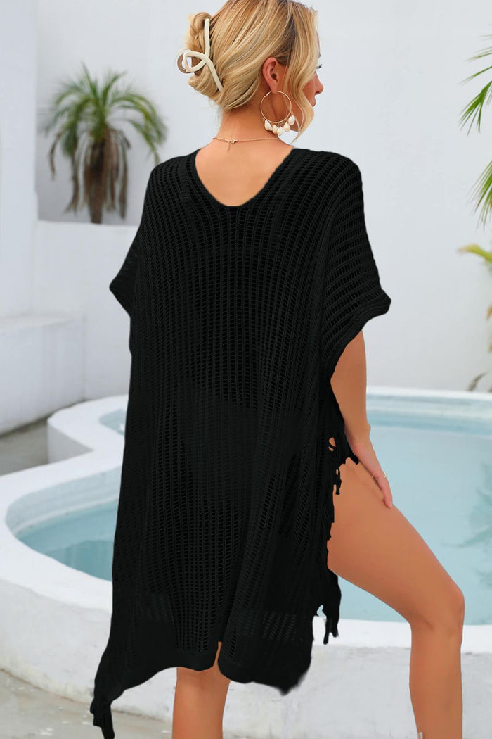 Fringe Trim Openwork Short Sleeve Cover-Up